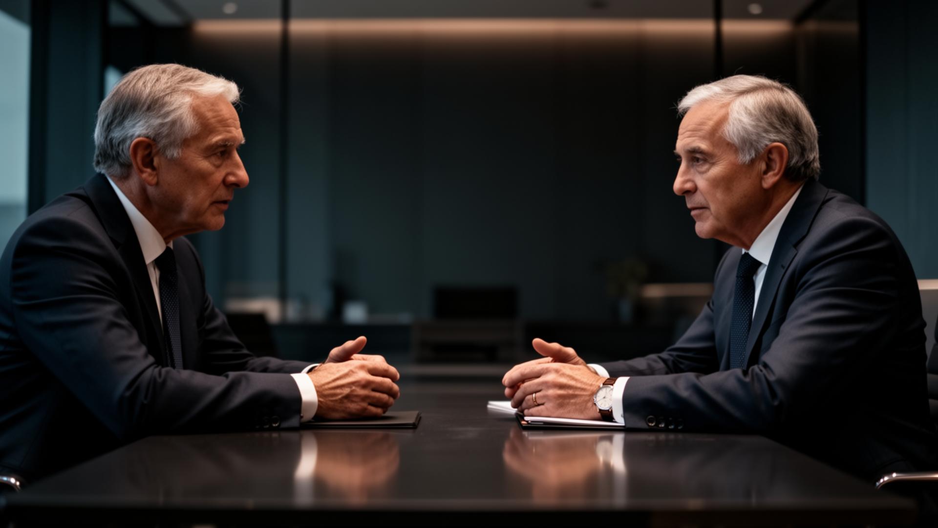 Two senior executives in conversation in a refined modern office