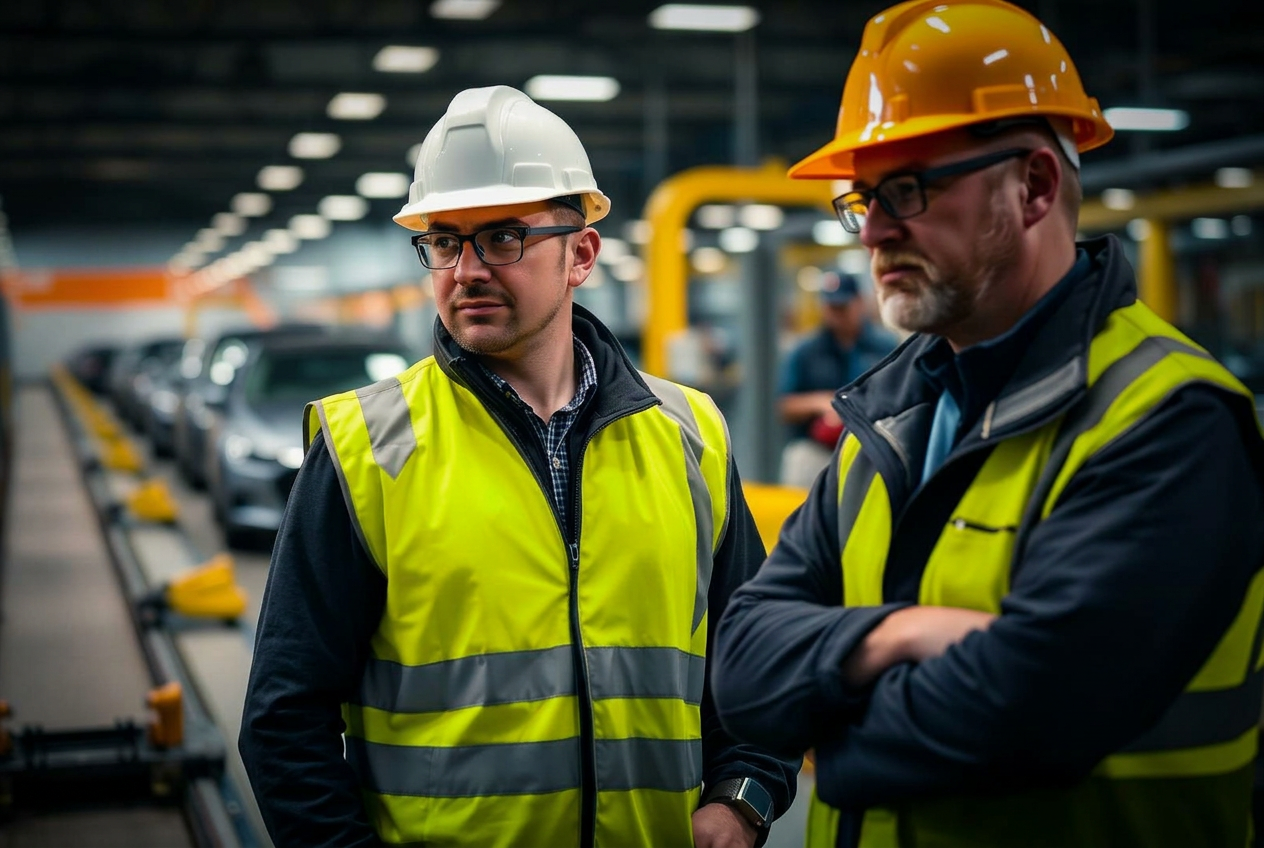 Plant leaders reviewing automotive production line
